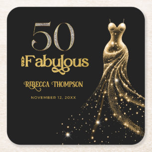 Fifty and Fabulous Gold Dress Black 50th Birthday Square Paper Coaster