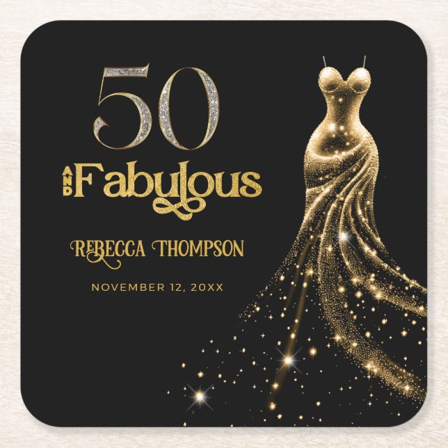 Fifty and Fabulous Gold Dress Black 50th Birthday Square Paper Coaster (Front)