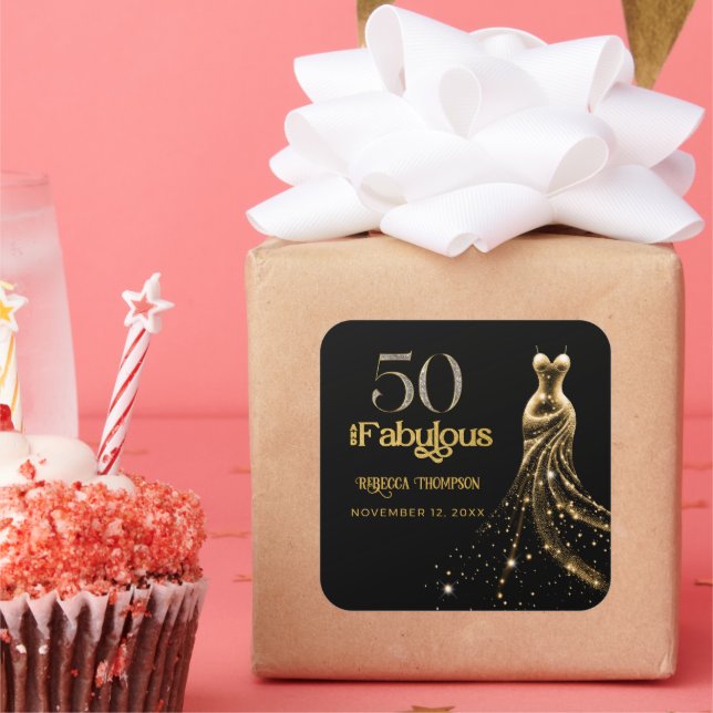 Fifty and Fabulous Gold Dress Black 50th Birthday Square Sticker (Party)