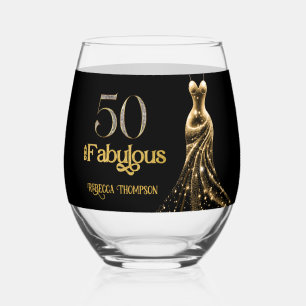Fifty and Fabulous Gold Dress Black 50th Birthday Stemless Wine Glass