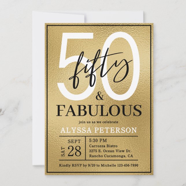 Fifty and Fabulous Gold Script 50th Birthday Invitation (Front)
