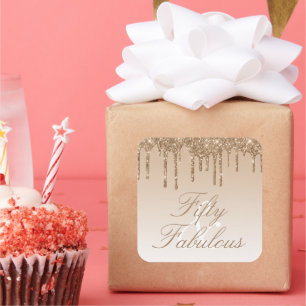 Fifty and Fabulous Gold Sparkle Glitter Drip Square Sticker