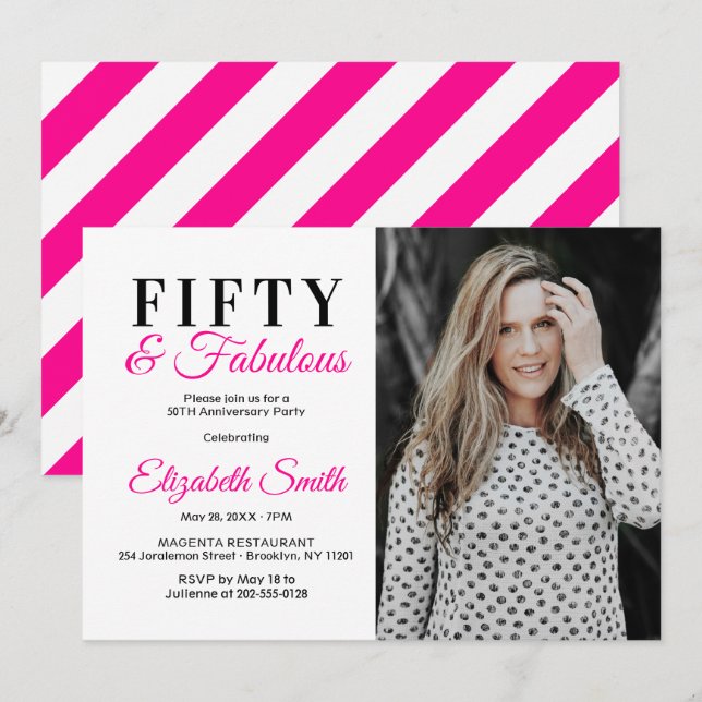 Fifty and Fabulous Hot Pink 50th Birthday Photo Invitation (Front/Back)