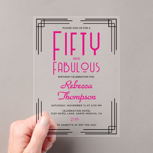 Fifty and Fabulous Hot Pink Art Deco 50th Birthday Acrylic Invitations (Insitu (Handheld))