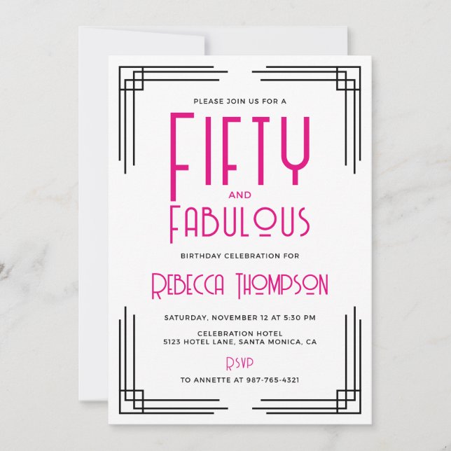 Fifty and Fabulous Hot Pink Art Deco 50th Birthday Invitation (Front)