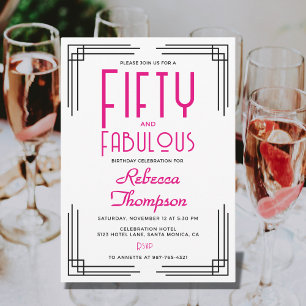 Fifty and Fabulous Hot Pink Art Deco 50th Birthday Invitation
