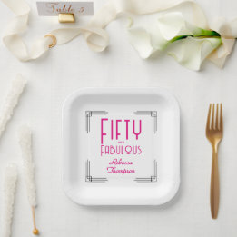 Fifty and Fabulous Hot Pink Art Deco 50th Birthday Paper Plate