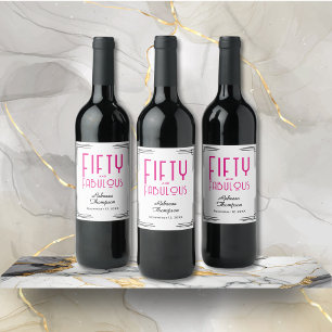 Fifty and Fabulous Hot Pink Art Deco 50th Birthday Wine Label