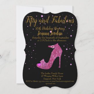 Fifty and Fabulous Hot Pink Sparkly Shoe Text Invitation