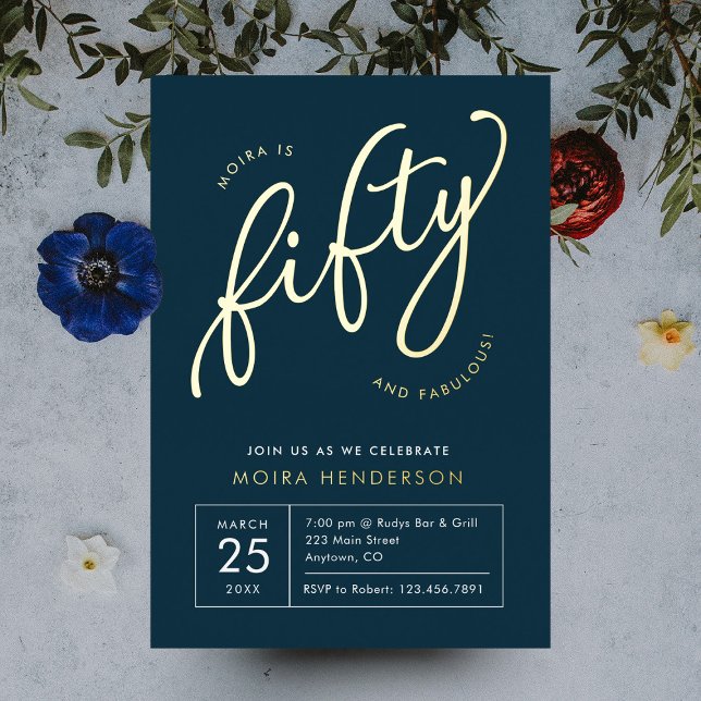 Fifty and Fabulous Modern Navy 50th Birthday Gold (50 and fabulous navy blue gold foil modern minimal fifty birthday party invitation)