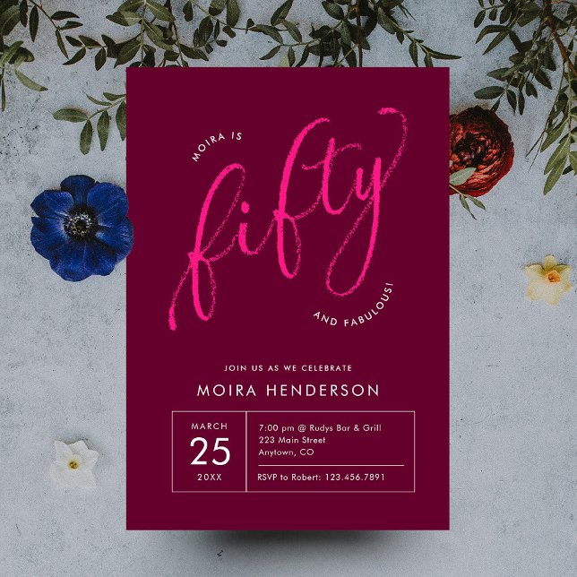 Fifty and Fabulous Modern Pink 50th Birthday Invitation (Modern minimal fifty birthday party pink script typography 50th birthday invitation)