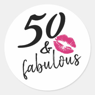 Fifty and Fabulous Modern Script Kiss Lipstick Classic Round Sticker