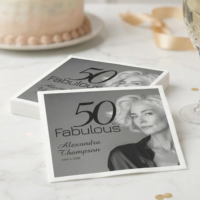 Fifty and Fabulous Name Date 50th Photo Party Napkin (Creator Uploaded)