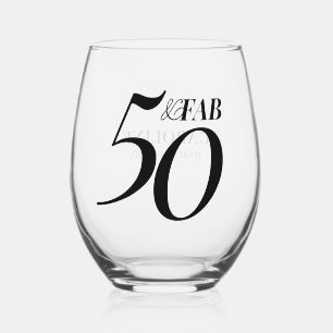 Fifty and Fabulous Name Date Birthday Party Stemless Wine Glass