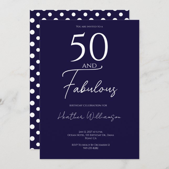 Fifty and Fabulous Navy 50th Birthday Party Invitation (Front/Back)