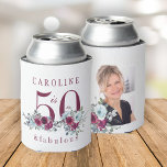 Fifty and fabulous photo floral 50th birthday  can cooler<br><div class="desc">Elegant feminine 50 and fabulous birthday party photo and name personalised can cooler with watercolor red burgundy,  dusty blue roses bouquets,  and a modern trendy typography script.</div>