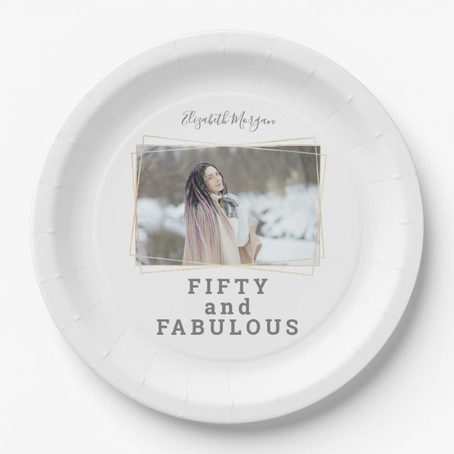 Fifty and Fabulous Photo Modern Birthday Paper Plate (Front)