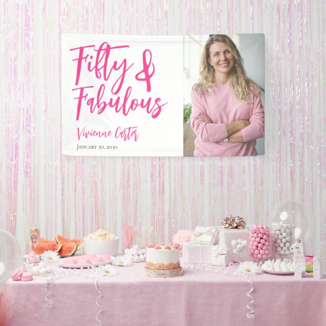 Fifty and Fabulous Photo Pink 50th Birthday Party Banner (Party)