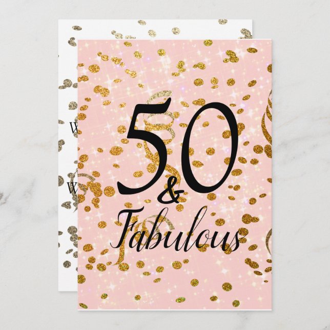 Fifty and Fabulous Pink and Gold Confetti Birthday Invitation (Front/Back)