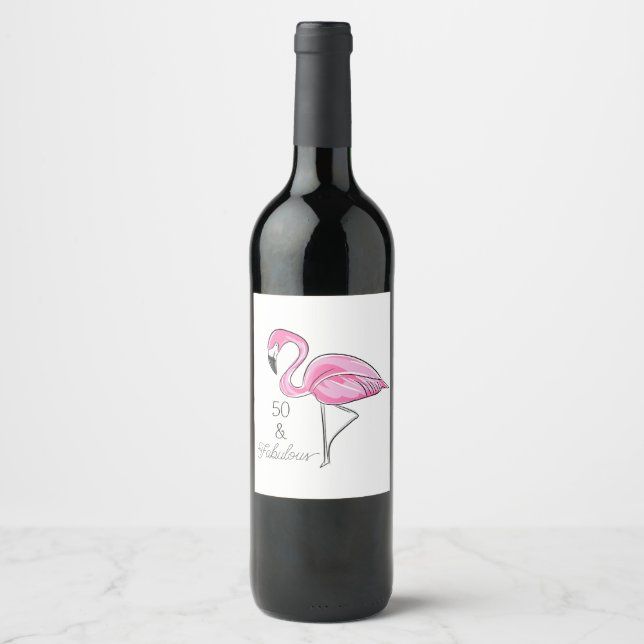 Fifty and Fabulous Pink Flamingo Coasters Wine Label (Front)