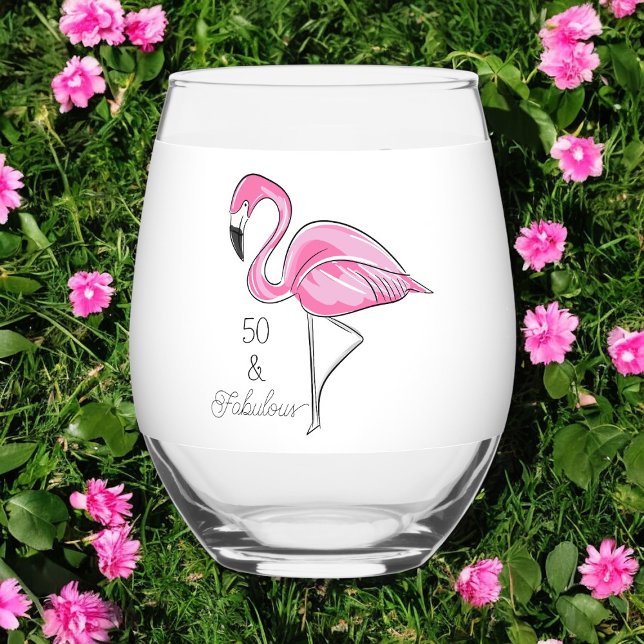 Fifty and Fabulous Pink Flamingo  Stemless Wine Glass (Creator Uploaded)