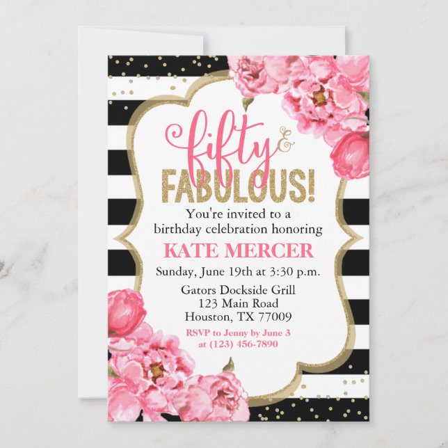 Fifty and Fabulous Pink Gold Floral 50th Birthday Invitation (Front)