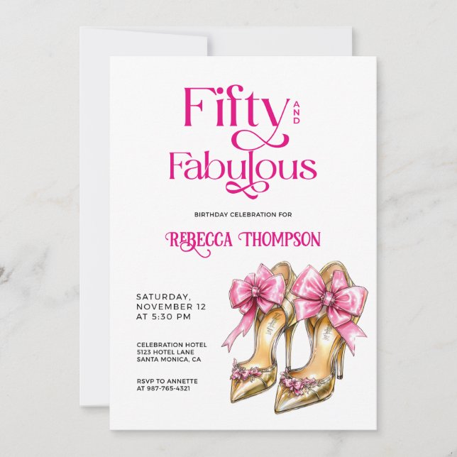 Fifty and Fabulous Pink Gold Heels 50th Birthday Invitation (Front)