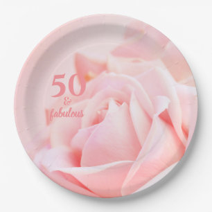 Fifty and Fabulous   Pink Rose 50th Birthday Paper Plate