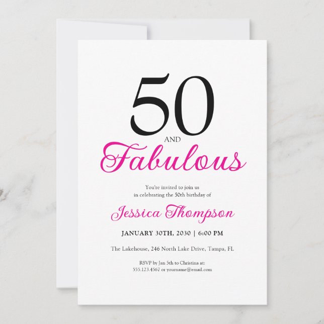 Fifty and Fabulous Pink Script 50th Birthday Invitation (Front)