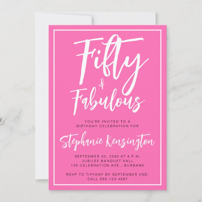 Fifty and Fabulous Pink Script 50th Birthday Party Invitation (Front)
