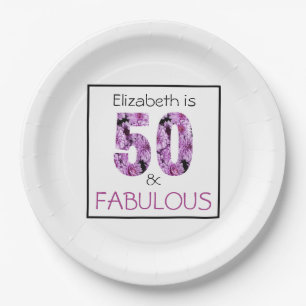 Fifty and Fabulous Purple Floral 50th Birthday Paper Plate