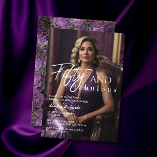 Fifty and Fabulous Purple Rose 50th Birthday Invitation