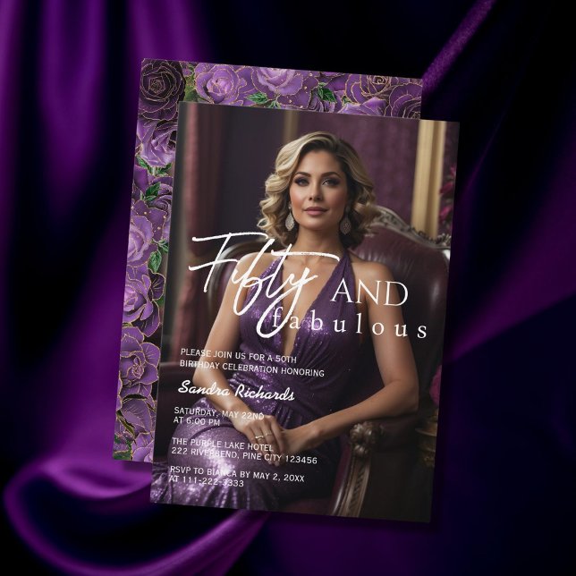 Fifty and Fabulous Purple Rose 50th Birthday Invitation (Creator Uploaded)