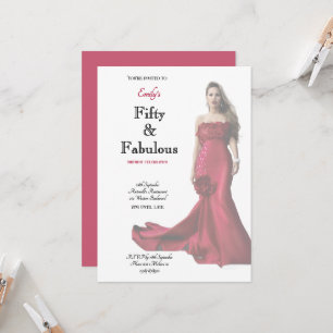 Fifty and Fabulous Red Dress Script Birthday Invitation