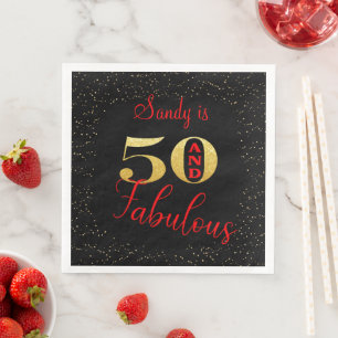 Fifty And Fabulous Red Gold Glittery Birthday Napkin