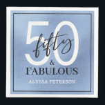 Fifty and Fabulous Script 50th Birthday Napkin<br><div class="desc">These 50 & Fabulous dusty blue foil,  black and white 50th birthday party dinner napkins are perfect for your loved one who's turning fifty!  The fonts are trendy yet classic,  feminine and flowy.  They'll be fabulous on your bar,  counters and tables!</div>