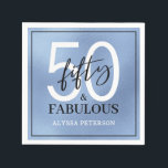 Fifty and Fabulous Script 50th Birthday Napkin<br><div class="desc">These 50 & Fabulous dusty blue foil,  black and white 50th birthday party cocktail napkins are perfect for your loved one who's turning fifty!  The fonts are trendy yet classic,  feminine and flowy.  They'll be fabulous on your bar,  counters and tables!</div>