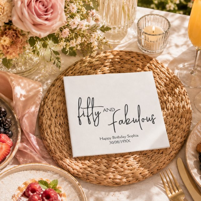 Fifty and Fabulous Script 50th Birthday Party  Napkin (50th birthday paper napkins fifty and fabulous party turning 5o fiftieth fifty years old
)