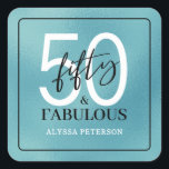 Fifty and Fabulous Script 50th Birthday Square Sticker<br><div class="desc">These 50 & Fabulous teal foil,  black and white 50th birthday square stickers are perfect for the favors at your loved one's fiftieth birthday party!  The fonts are trendy yet classic.  They'll be fabulous on your favors!</div>