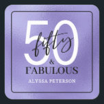Fifty and Fabulous Script 50th Birthday Square Sticker<br><div class="desc">These 50 & Fabulous purple foil,  black and white 50th birthday square stickers are perfect for the favors at your loved one's fiftieth birthday party!  The fonts are trendy yet classic.  They'll be fabulous on your favors!</div>