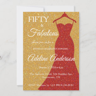 Fifty and Fabulous Script Gold Red White 50th Invitation