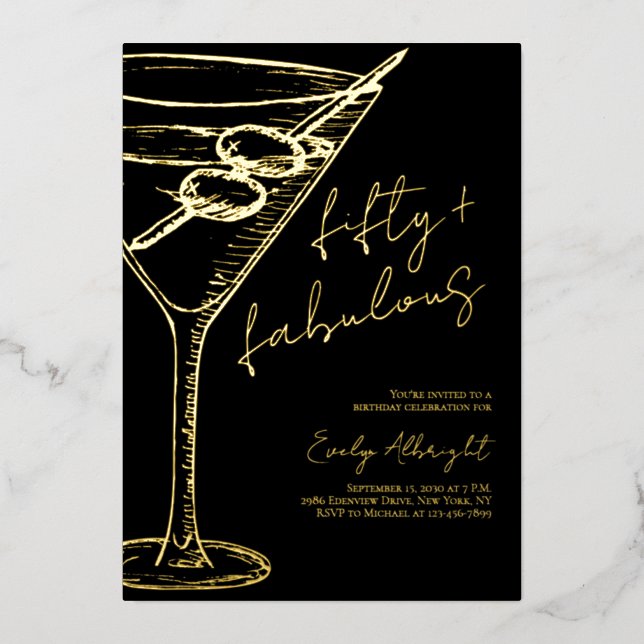 Fifty and Fabulous Script Line Art Gold (Front)