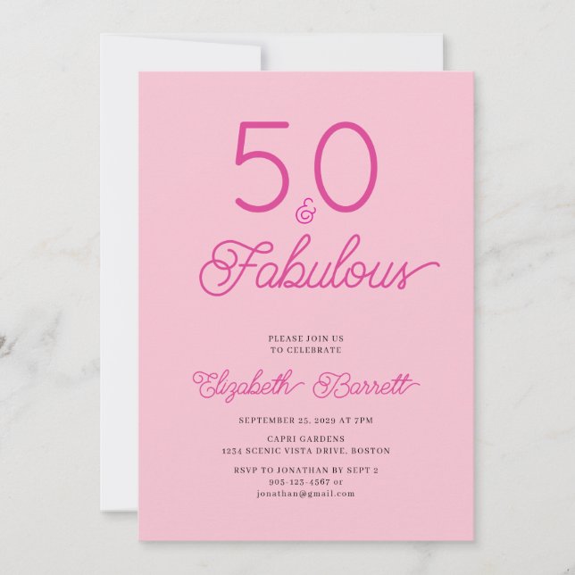 Fifty and Fabulous Script Pink 50th Birthday Party Invitation (Front)
