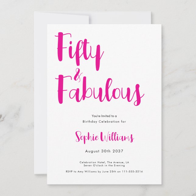 Fifty and Fabulous Script Pink 50th Birthday Party Invitation (Front)