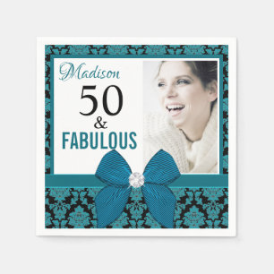 Fifty and Fabulous teal damask   50th Birthday Napkin
