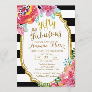 Fifty and Fabulous watercolor Birthday Invitation