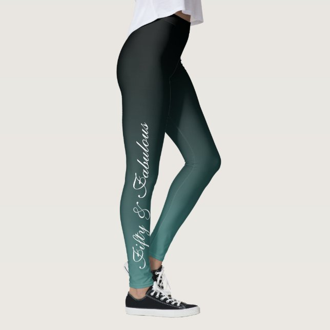 Fifty and Fabulous White on Teal & Black Birthday Leggings (Right)
