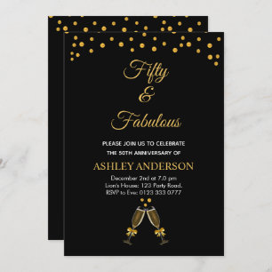 Fifty and Fabulous with golden confetti on black Invitation