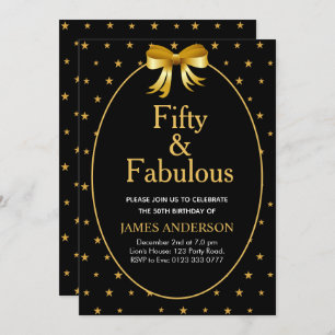Fifty and Fabulous with golden stars on black Invitation