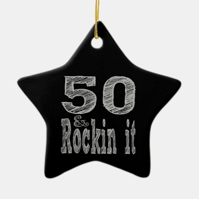 Fifty and Rockin It Fiftieth Birthday Ceramic Tree Decoration (Front)